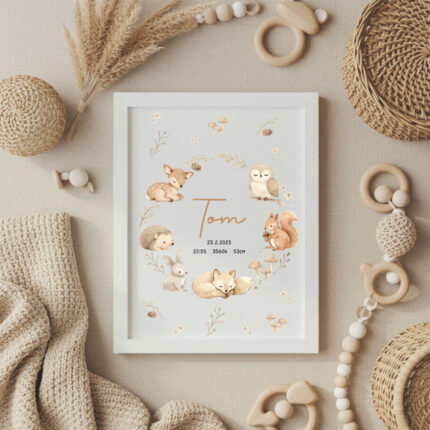 Tabuľky Lesní priatelia, personalizovaná tabuľka tabuľka pri narodení dieťaťa darček k narodeniu dieťaťa personalizovaný darček pre bábätko tabuľka s údajmi o narodení narodenie dieťaťa tabuľka detská tabuľka s menom, tabuľka na stenu detská izba,spomienka na narodenie dieťaťa